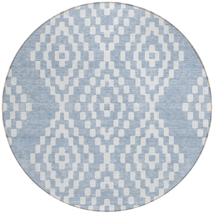 8' Denim Blue And Ivory Round Geometric Washable Indoor Outdoor Area Rug