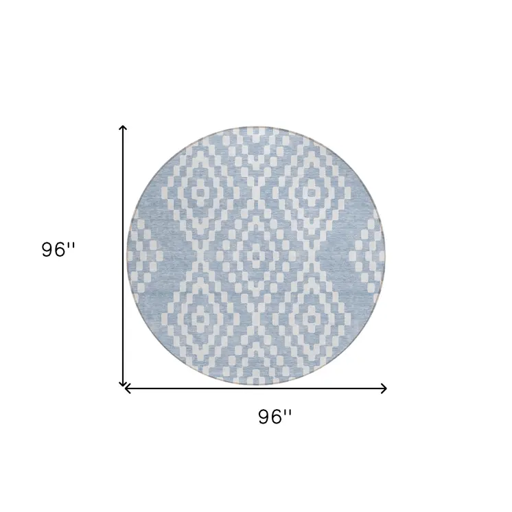 8' Denim Blue And Ivory Round Geometric Washable Indoor Outdoor Area Rug