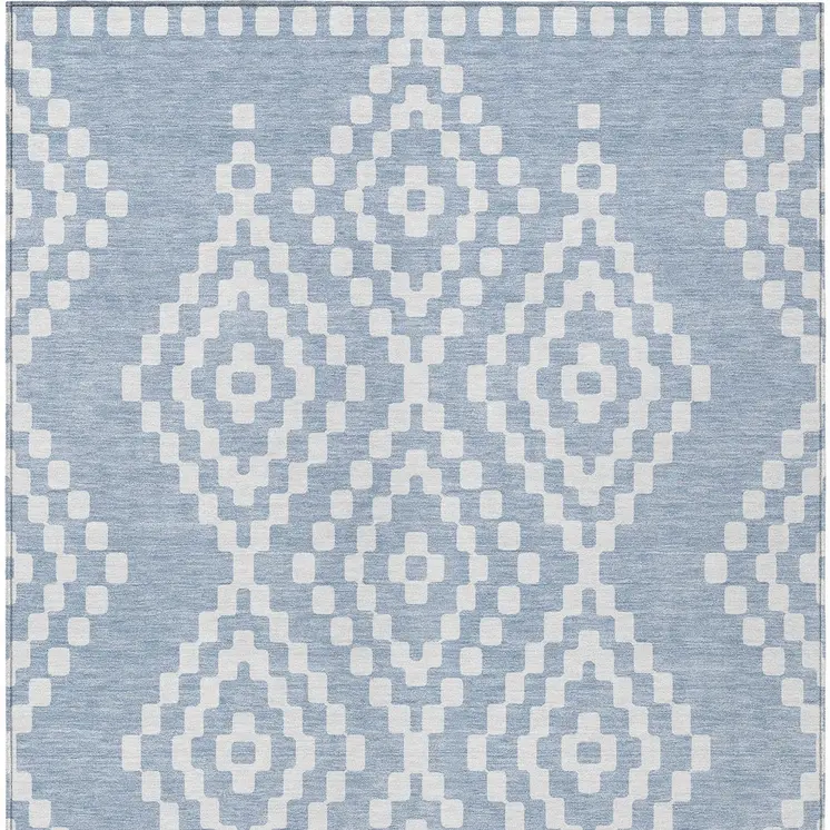 8' X 10' Denim Blue And Ivory Geometric Washable Indoor Outdoor Area Rug