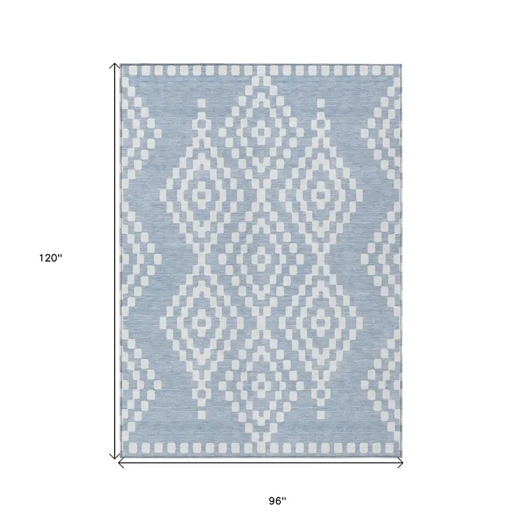8' X 10' Denim Blue And Ivory Geometric Washable Indoor Outdoor Area Rug