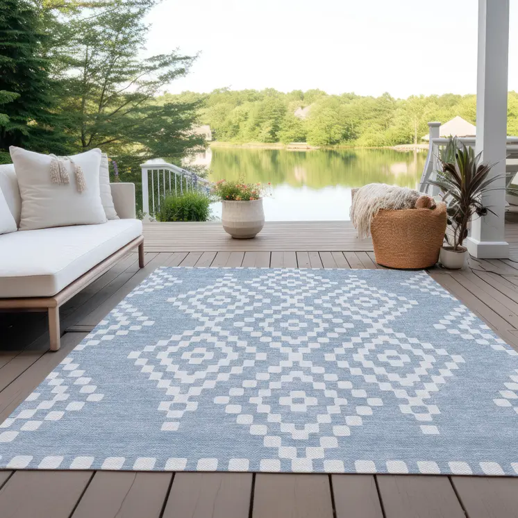 8' X 10' Denim Blue And Ivory Geometric Washable Indoor Outdoor Area Rug