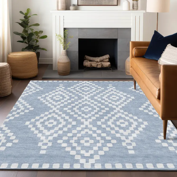 8' X 10' Denim Blue And Ivory Geometric Washable Indoor Outdoor Area Rug