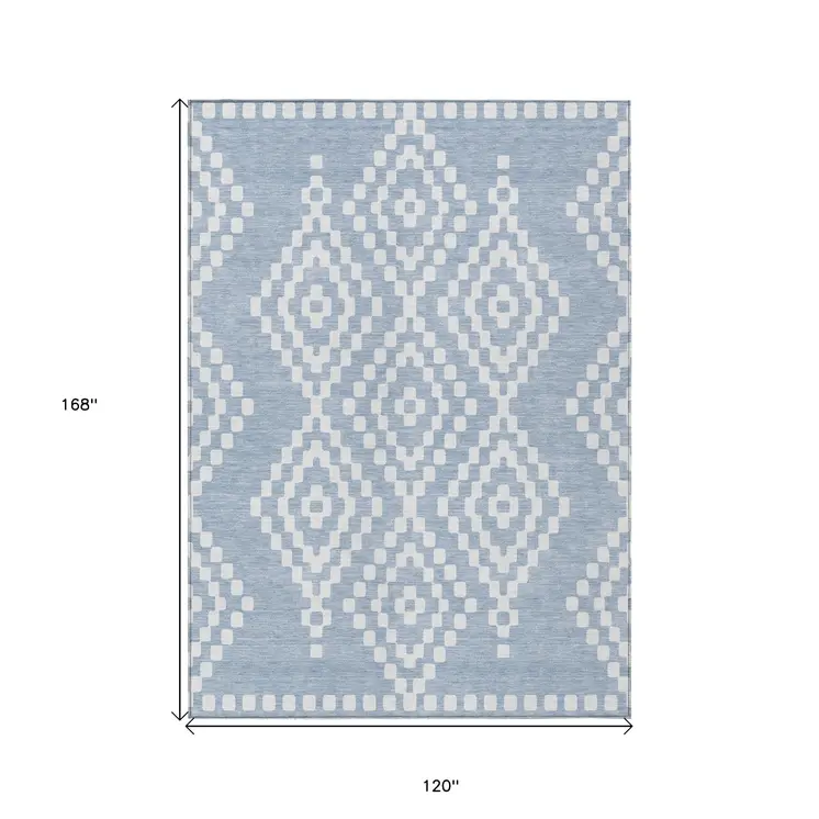 10' X 14' Denim Blue And Ivory Geometric Washable Indoor Outdoor Area Rug