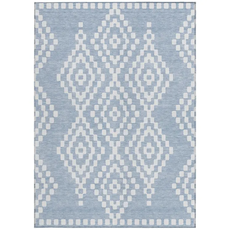 10' X 14' Denim Blue And Ivory Geometric Washable Indoor Outdoor Area Rug