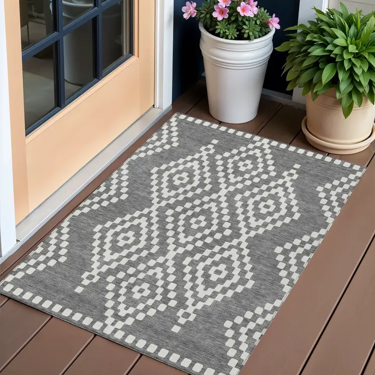 3' X 5' Gray And Ivory Geometric Washable Indoor Outdoor Area Rug