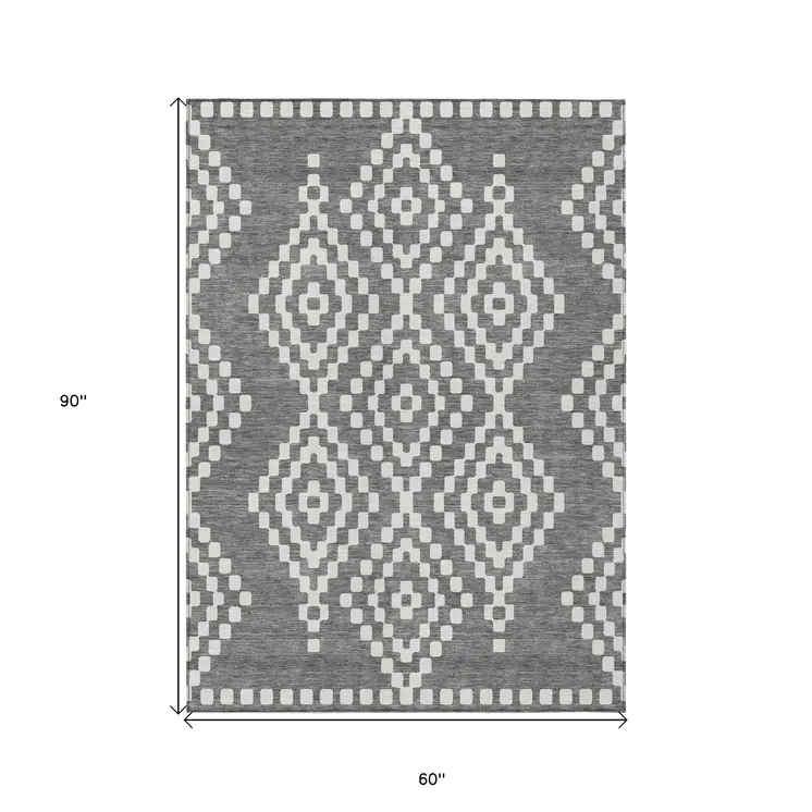 5' X 8' Gray And Ivory Geometric Washable Indoor Outdoor Area Rug