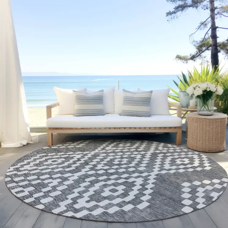 8' Gray And Ivory Round Geometric Washable Indoor Outdoor Area Rug