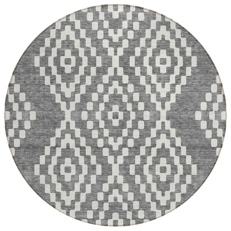 8' Gray And Ivory Round Geometric Washable Indoor Outdoor Area Rug