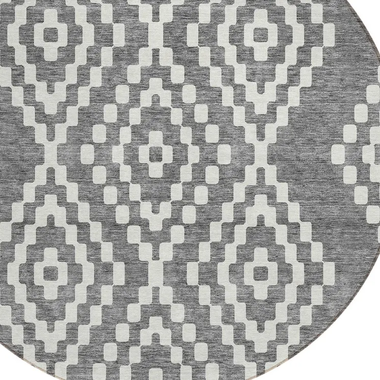 8' Gray And Ivory Round Geometric Washable Indoor Outdoor Area Rug
