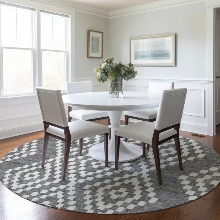 8' Gray And Ivory Round Geometric Washable Indoor Outdoor Area Rug