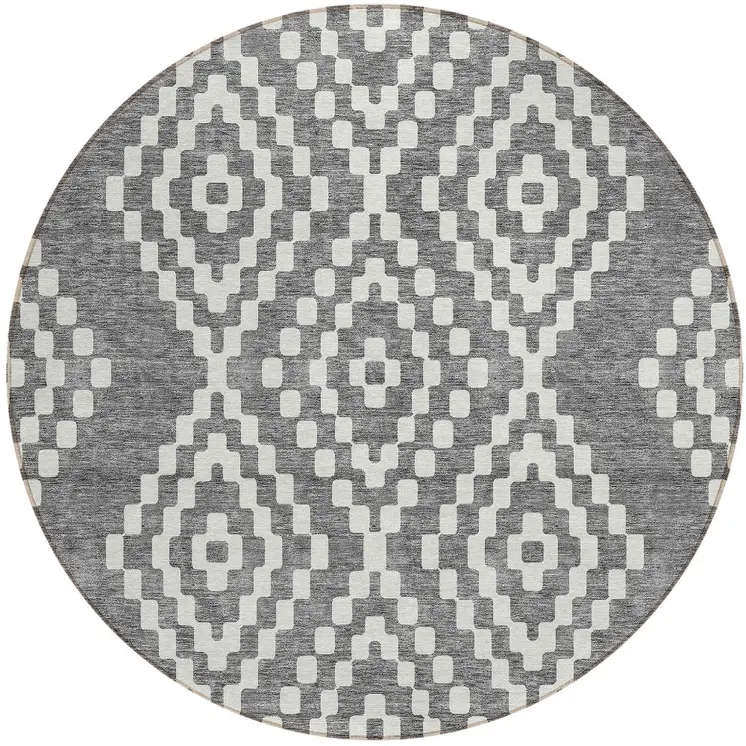 8' Gray And Ivory Round Geometric Washable Indoor Outdoor Area Rug