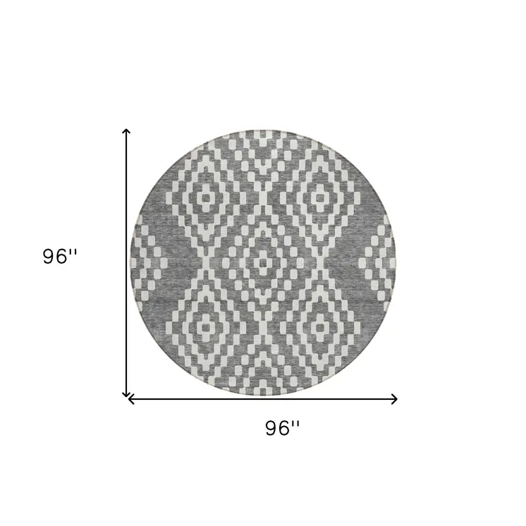 8' Gray And Ivory Round Geometric Washable Indoor Outdoor Area Rug