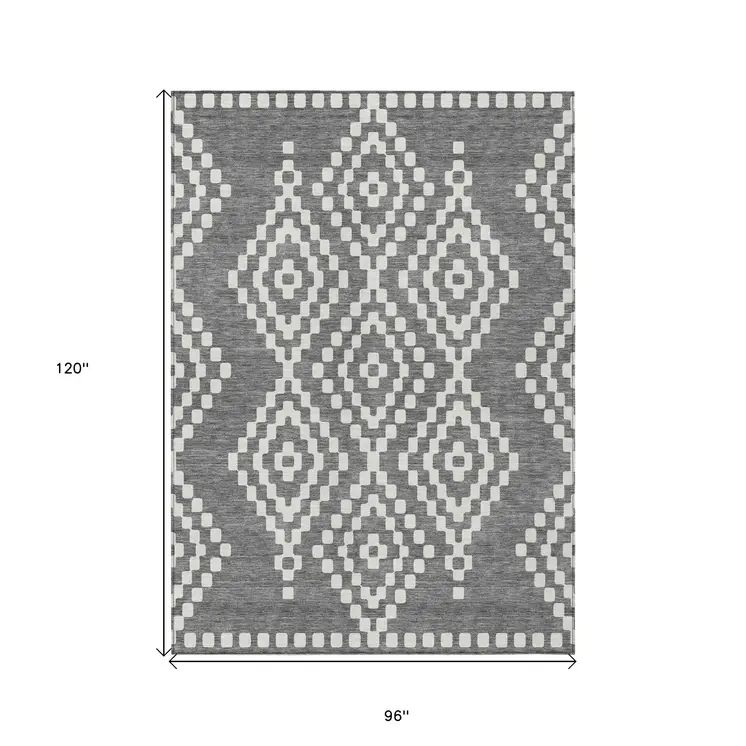 8' X 10' Gray And Ivory Geometric Washable Indoor Outdoor Area Rug
