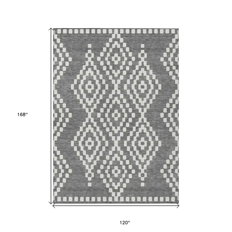 10' X 14' Gray And Ivory Geometric Washable Indoor Outdoor Area Rug