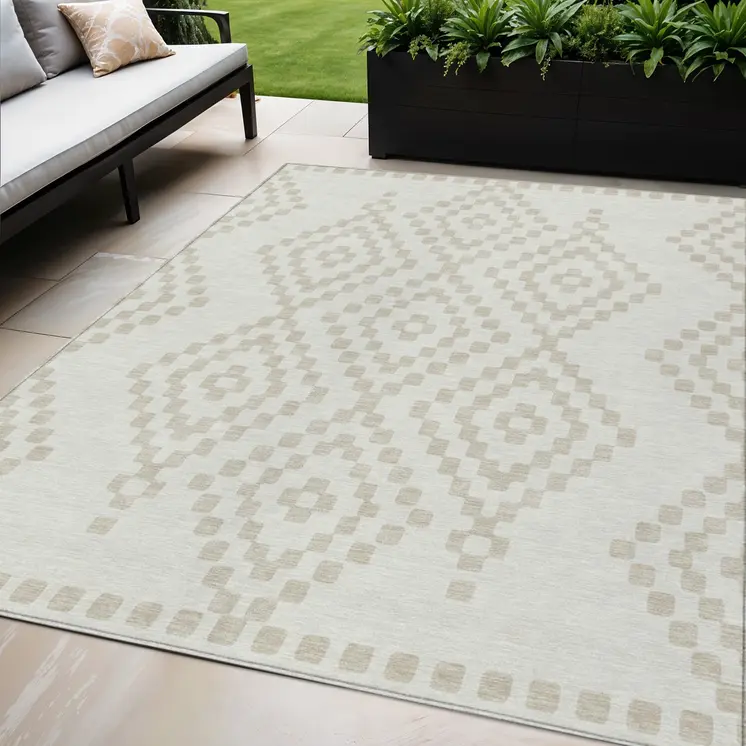 5' X 8' Ivory And Beige Geometric Washable Indoor Outdoor Area Rug