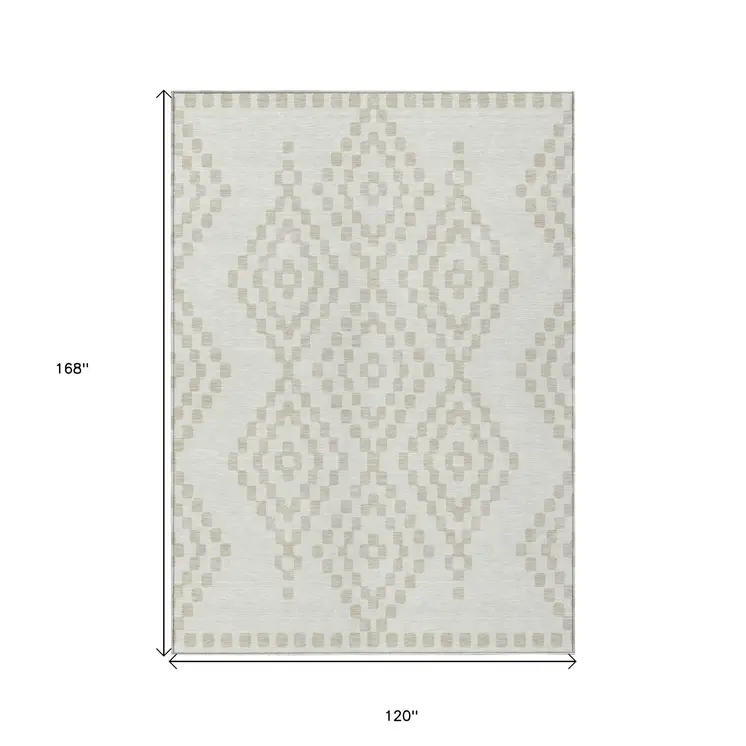 10' X 14' Ivory And Beige Geometric Washable Indoor Outdoor Area Rug