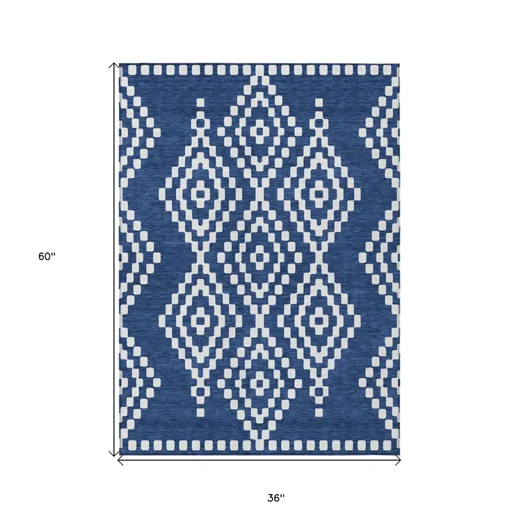 3' X 5' Navy Blue And Ivory Geometric Washable Indoor Outdoor Area Rug