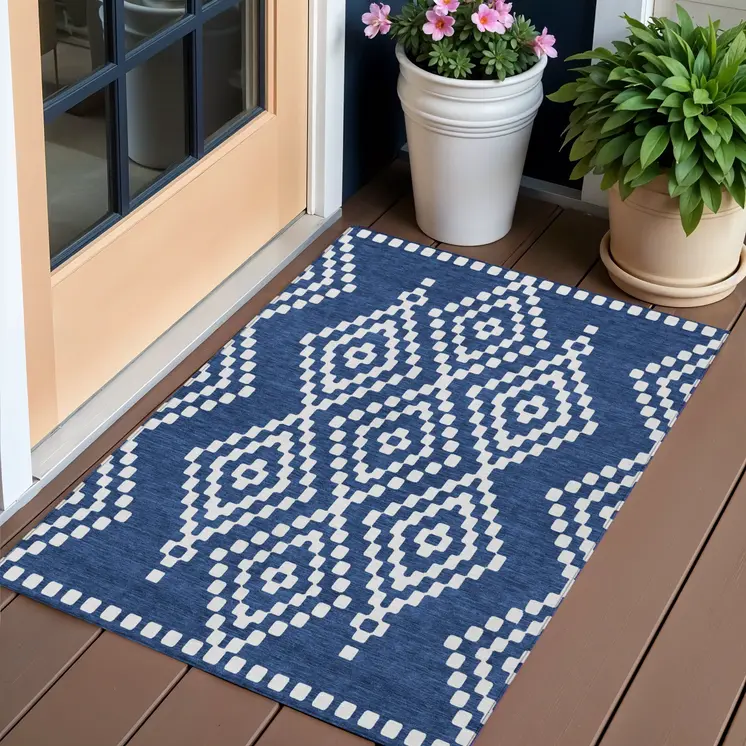 3' X 5' Navy Blue And Ivory Geometric Washable Indoor Outdoor Area Rug