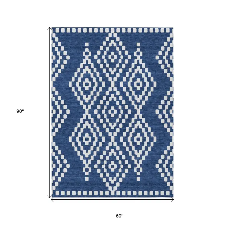 5' X 8' Navy Blue And Ivory Geometric Washable Indoor Outdoor Area Rug