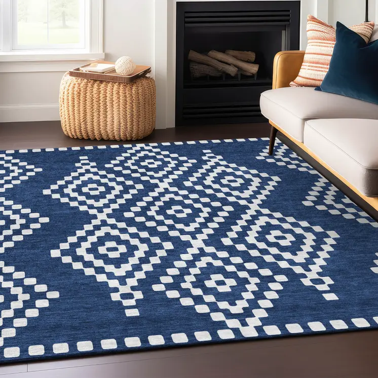 5' X 8' Navy Blue And Ivory Geometric Washable Indoor Outdoor Area Rug