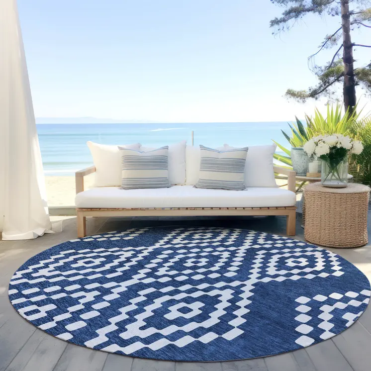 8' Navy Blue And Ivory Round Geometric Washable Indoor Outdoor Area Rug