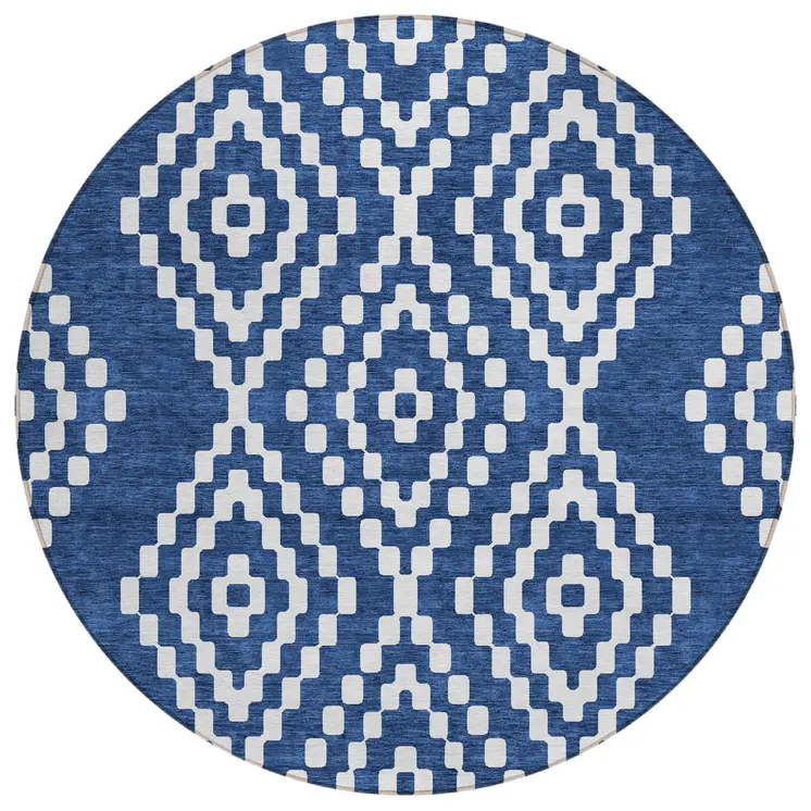 8' Navy Blue And Ivory Round Geometric Washable Indoor Outdoor Area Rug