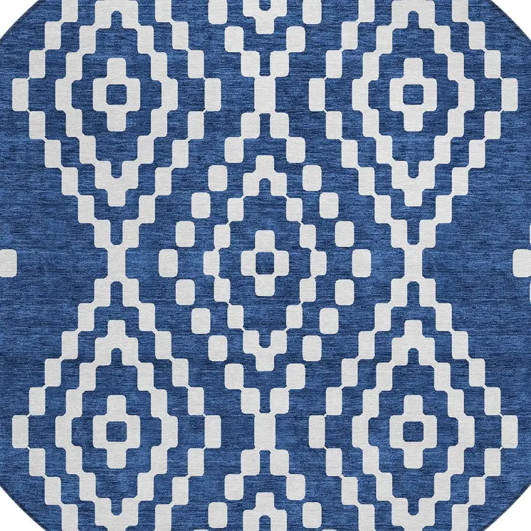 8' Navy Blue And Ivory Round Geometric Washable Indoor Outdoor Area Rug
