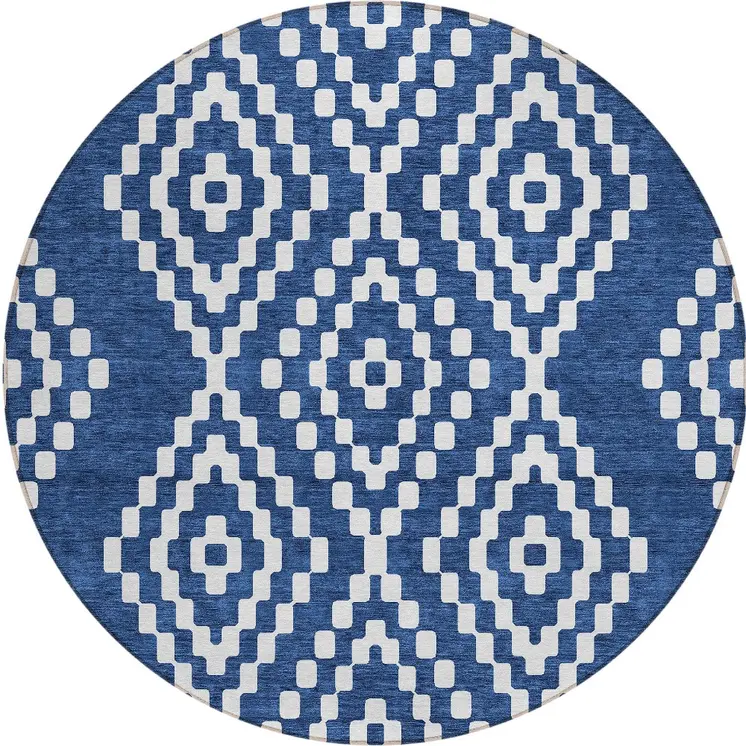 8' Navy Blue And Ivory Round Geometric Washable Indoor Outdoor Area Rug