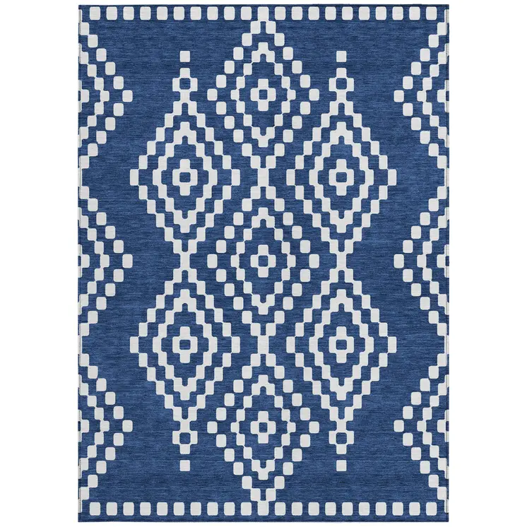 8' X 10' Navy Blue And Ivory Geometric Washable Indoor Outdoor Area Rug