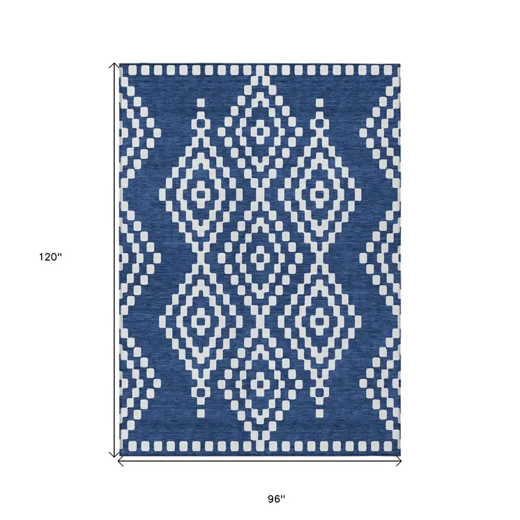 8' X 10' Navy Blue And Ivory Geometric Washable Indoor Outdoor Area Rug