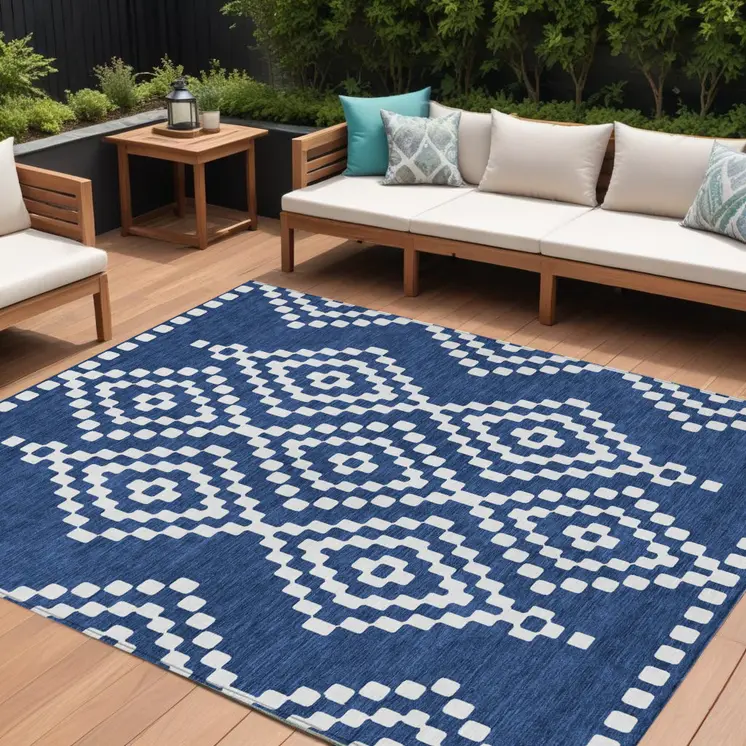 8' X 10' Navy Blue And Ivory Geometric Washable Indoor Outdoor Area Rug