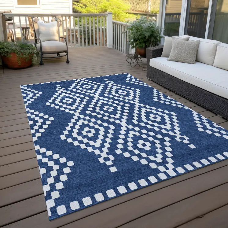 8' X 10' Navy Blue And Ivory Geometric Washable Indoor Outdoor Area Rug