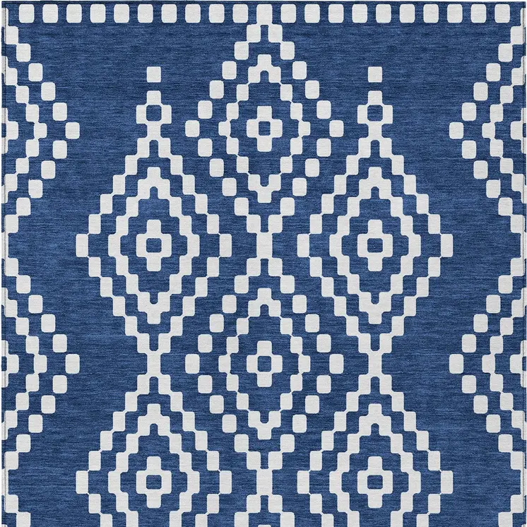 8' X 10' Navy Blue And Ivory Geometric Washable Indoor Outdoor Area Rug