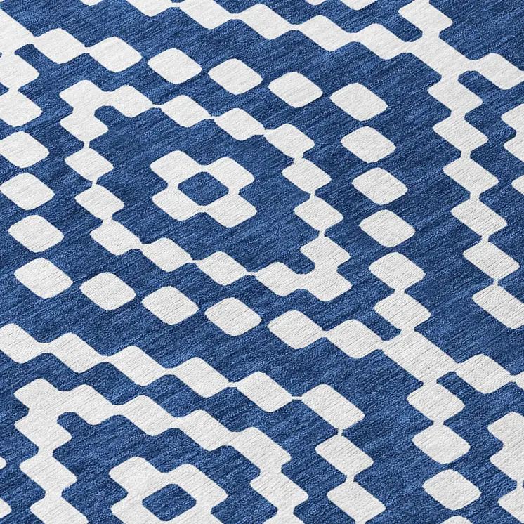 8' X 10' Navy Blue And Ivory Geometric Washable Indoor Outdoor Area Rug