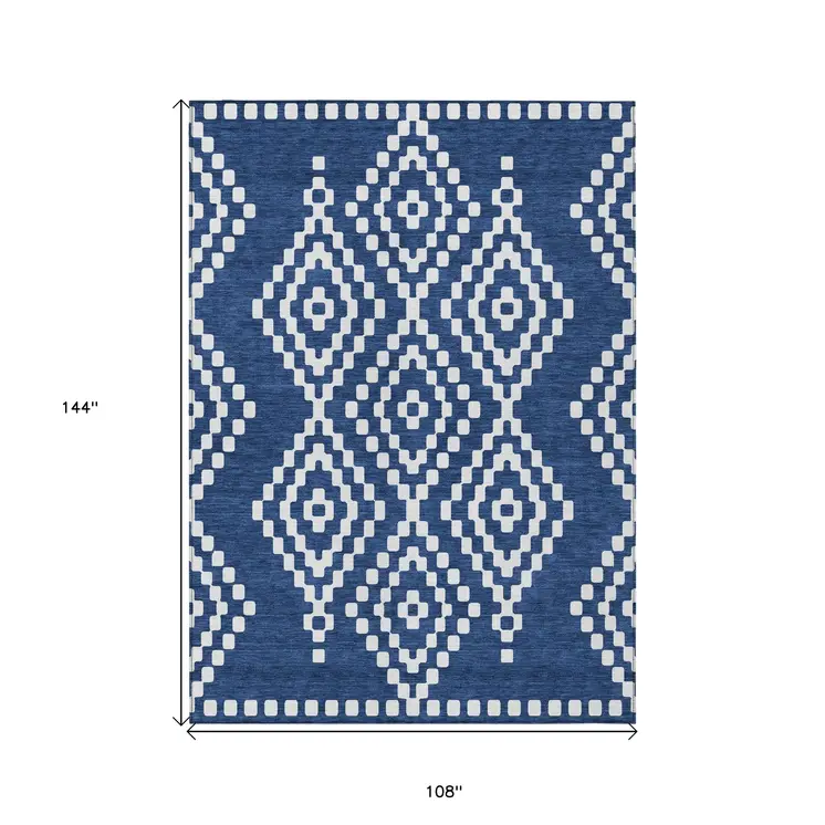 9' X 12' Navy Blue And Ivory Geometric Washable Indoor Outdoor Area Rug