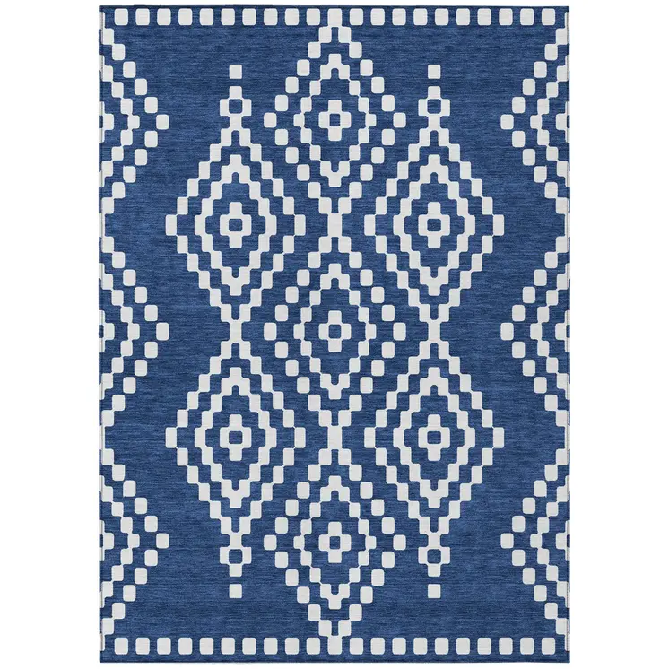 9' X 12' Navy Blue And Ivory Geometric Washable Indoor Outdoor Area Rug