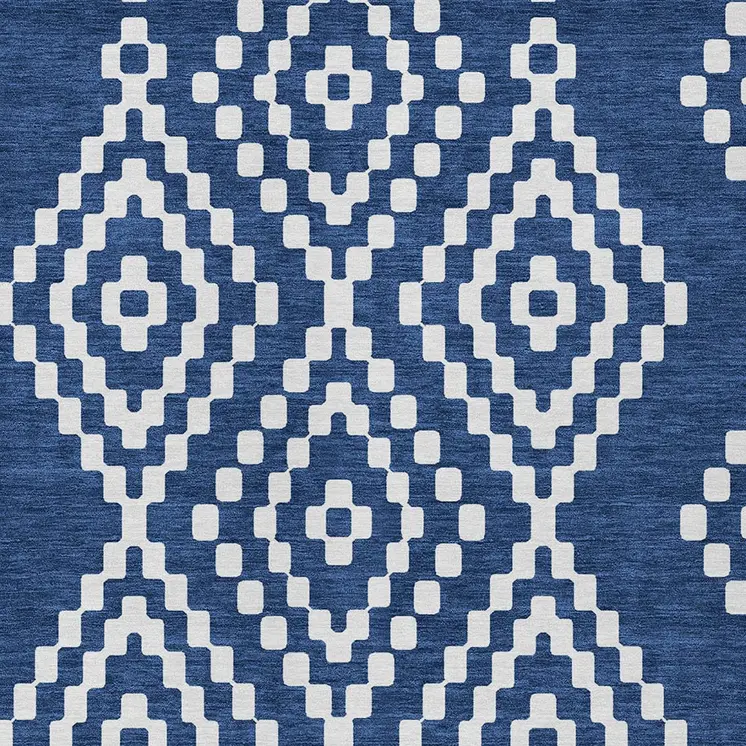 9' X 12' Navy Blue And Ivory Geometric Washable Indoor Outdoor Area Rug