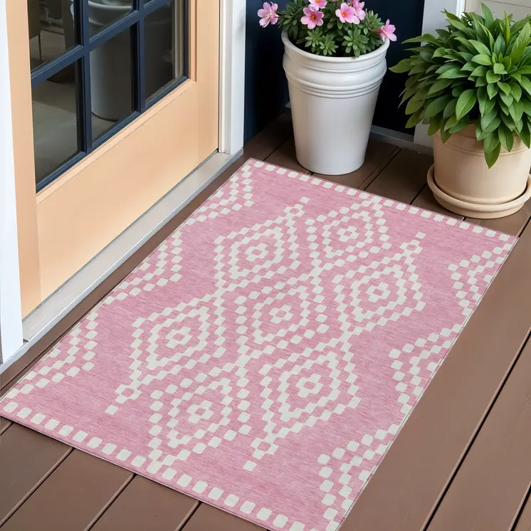 3' X 5' Pink And Ivory Geometric Washable Indoor Outdoor Area Rug