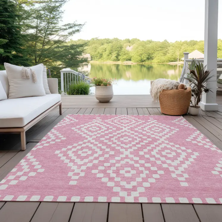 3' X 5' Pink And Ivory Geometric Washable Indoor Outdoor Area Rug
