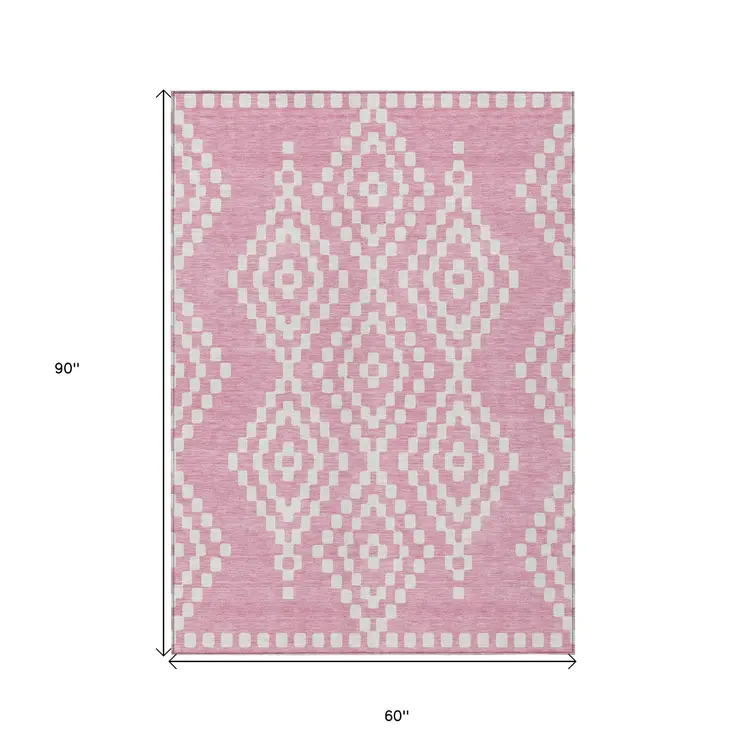 5' X 8' Pink And Ivory Geometric Washable Indoor Outdoor Area Rug