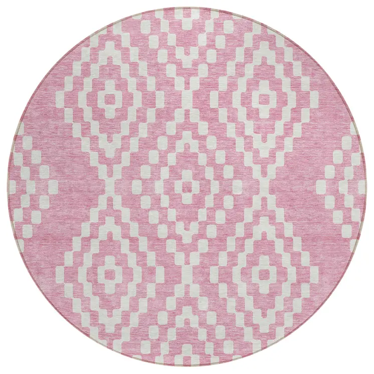 8' Pink And Ivory Round Geometric Washable Indoor Outdoor Area Rug