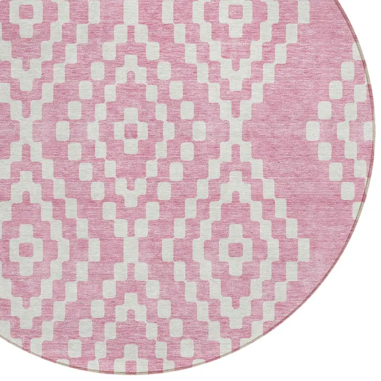 8' Pink And Ivory Round Geometric Washable Indoor Outdoor Area Rug