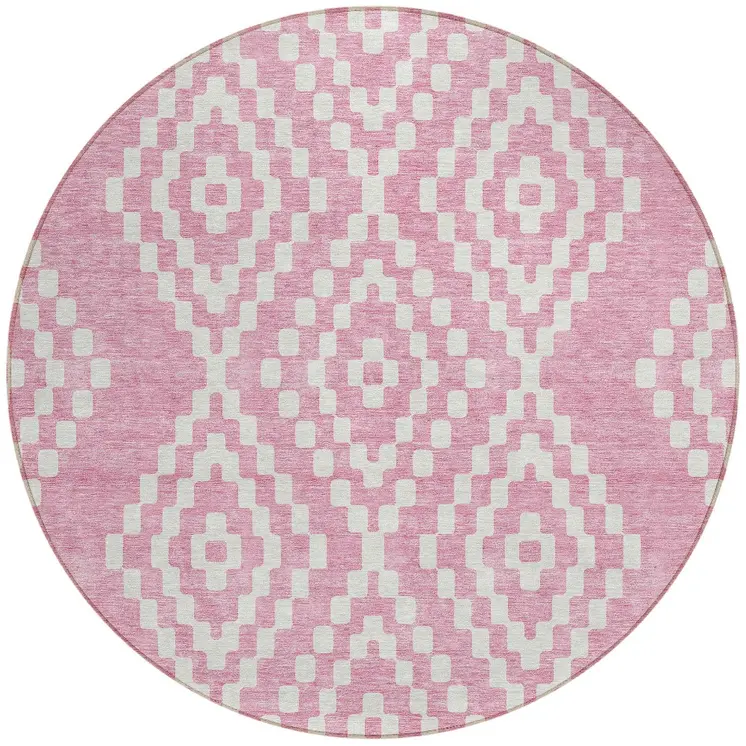 8' Pink And Ivory Round Geometric Washable Indoor Outdoor Area Rug