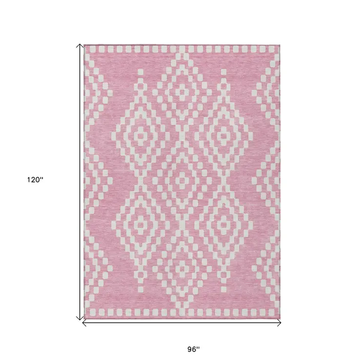 8' X 10' Pink And Ivory Geometric Washable Indoor Outdoor Area Rug