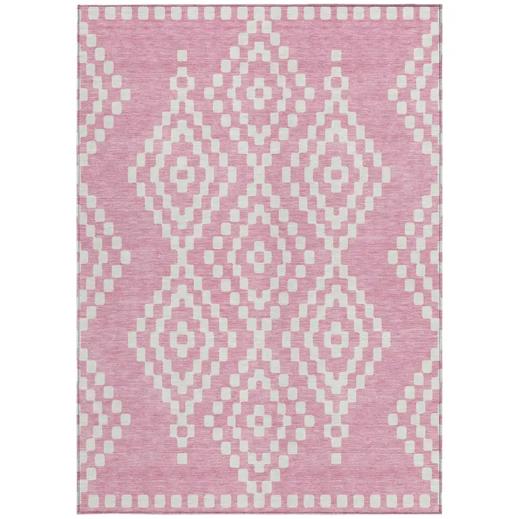 9' X 12' Pink And Ivory Geometric Washable Indoor Outdoor Area Rug