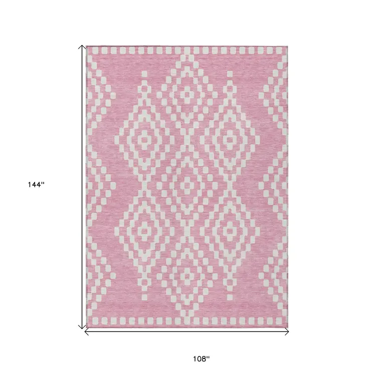 9' X 12' Pink And Ivory Geometric Washable Indoor Outdoor Area Rug