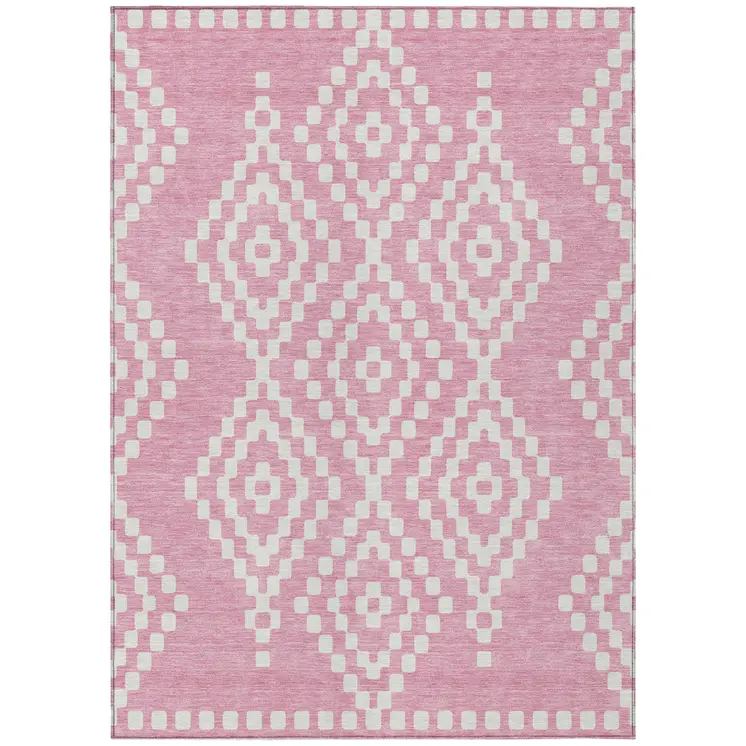 9' X 12' Pink And Ivory Geometric Washable Indoor Outdoor Area Rug