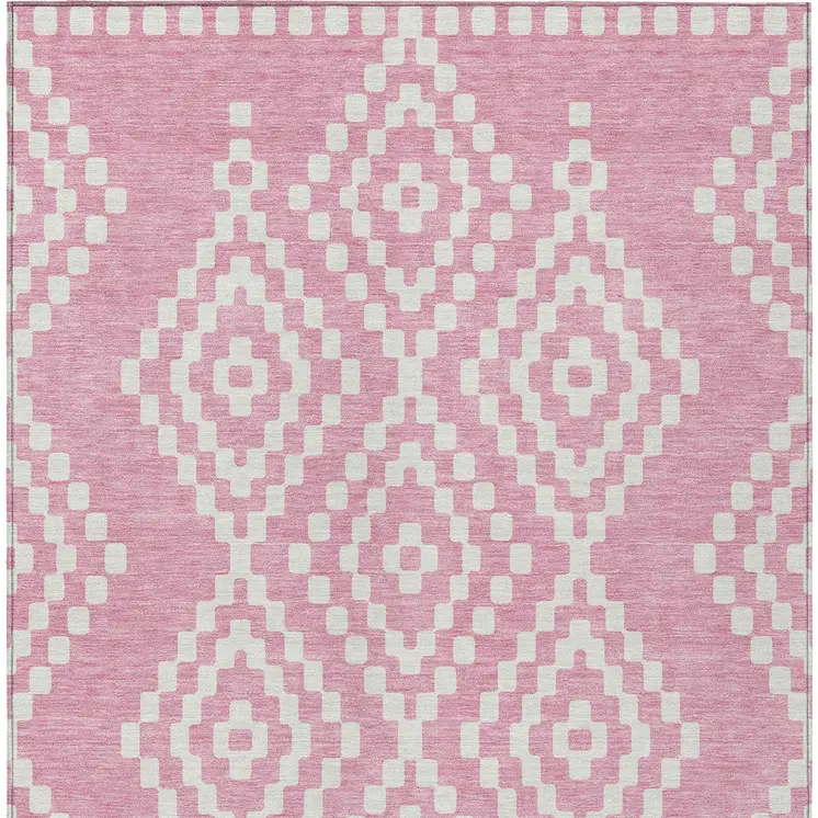 9' X 12' Pink And Ivory Geometric Washable Indoor Outdoor Area Rug