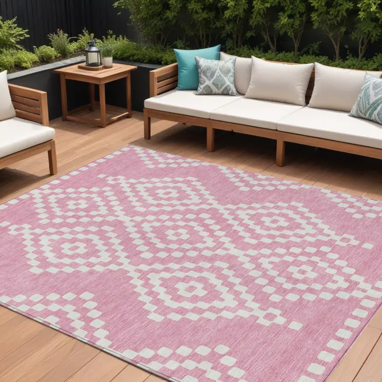 10' X 14' Pink And Ivory Geometric Washable Indoor Outdoor Area Rug