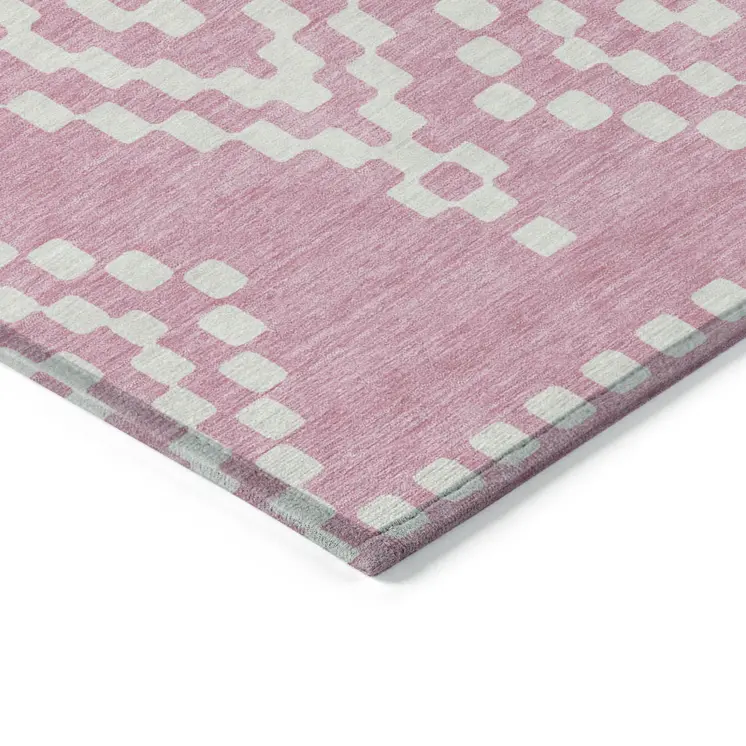 10' X 14' Pink And Ivory Geometric Washable Indoor Outdoor Area Rug
